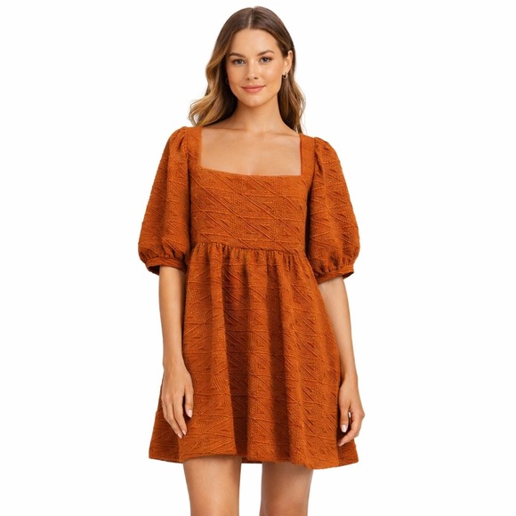 Free People Dresses & Skirts - Free People Mini Dress Boho M Orange Textured Puff Sleeve Tie Back Square Neck